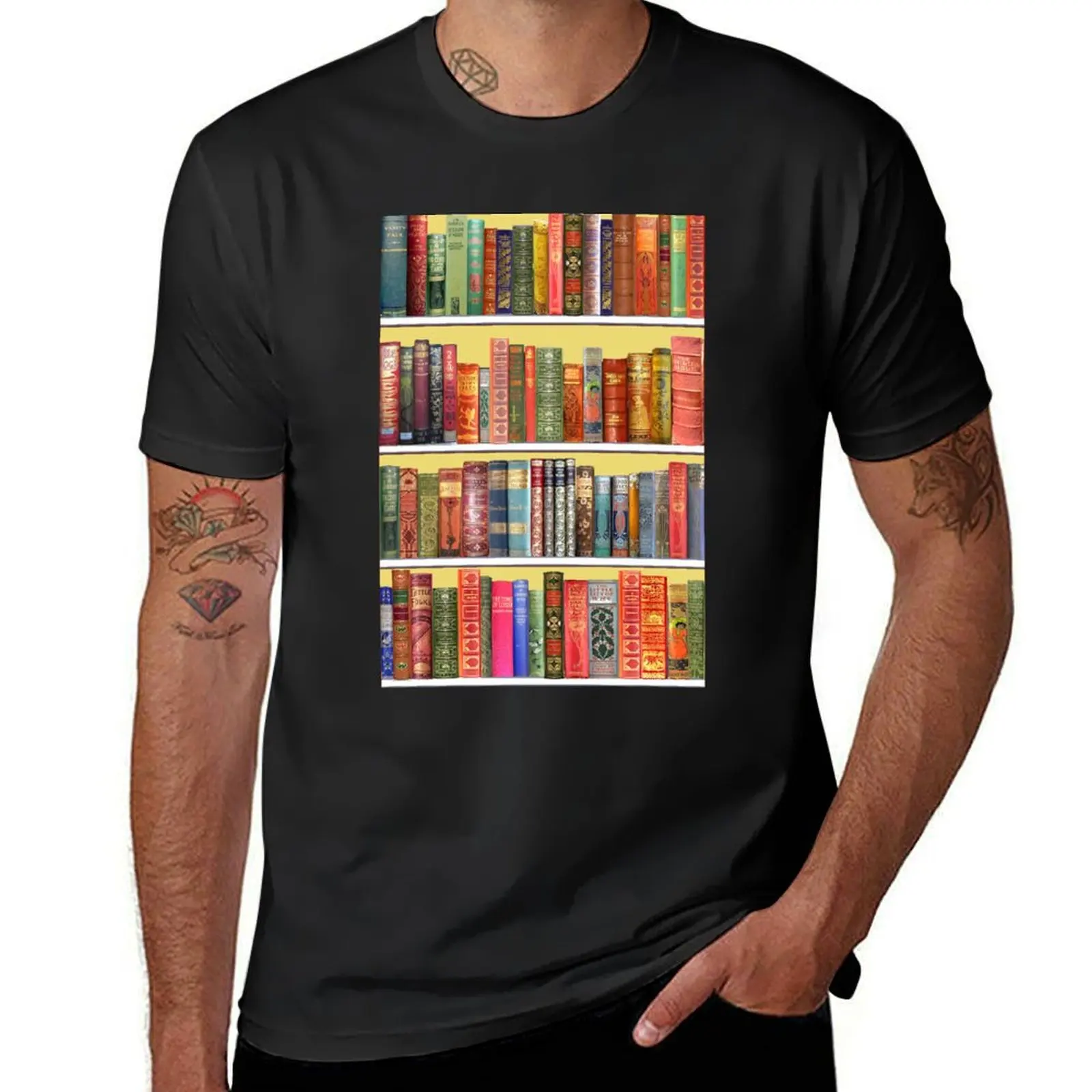 Christmas books, christmas library,Vintage Bookshelf on yellow T-Shirt tops sports fans big and tall t shirts for men