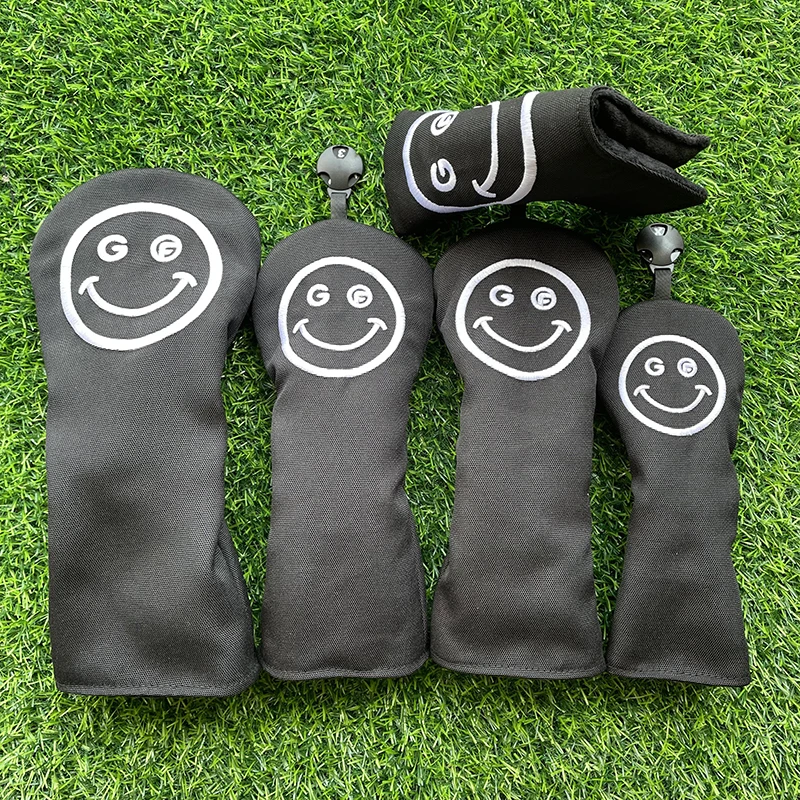 lachend gezicht Golfclub # 1 # 3 # 5-houten hoofdhoezen Driver Fairway Woods Cover canvas Hoge kwaliteit Putter Head Covers