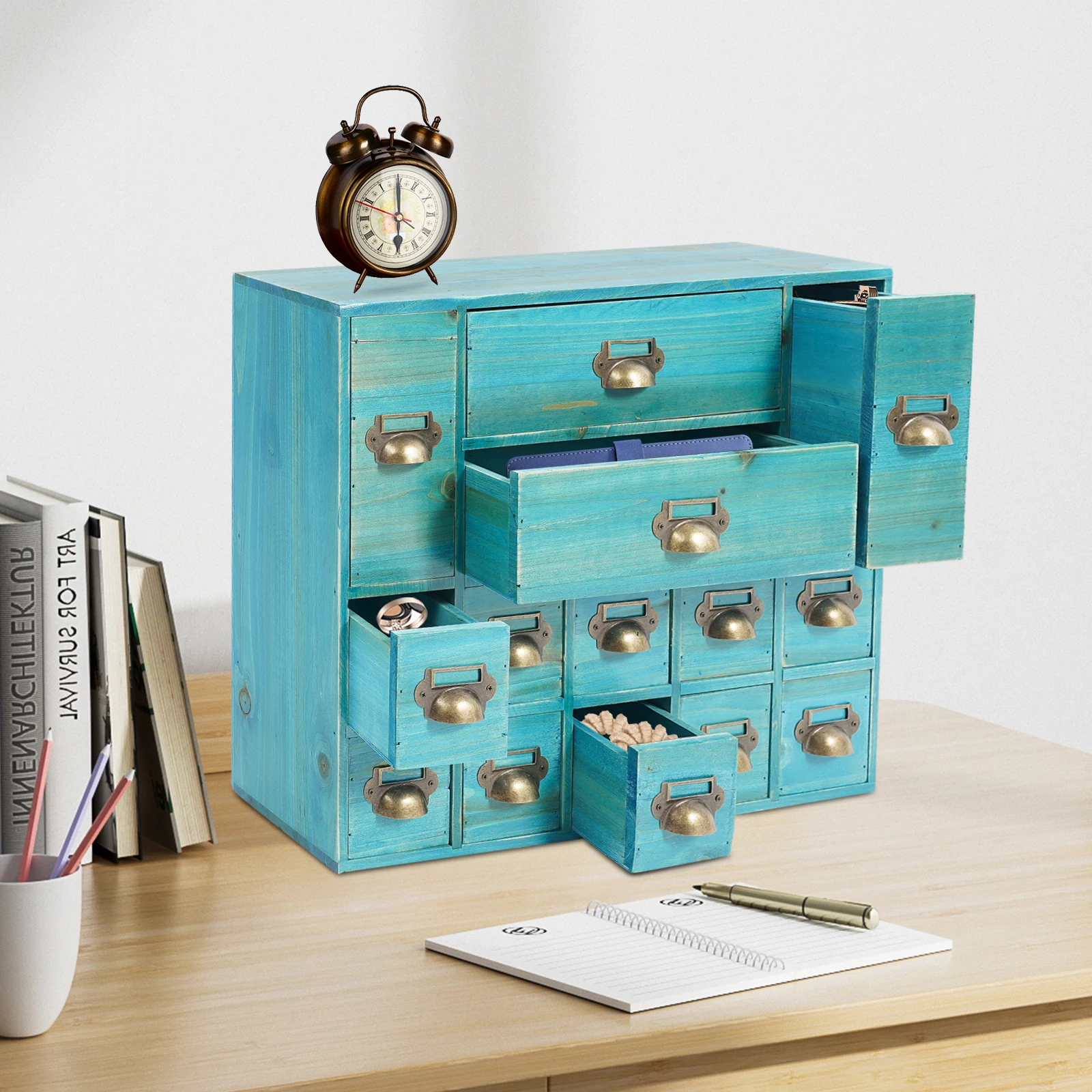 Schubladen-Kartensortimentskasten mit 14 Schubladen, Holz-Kartensortimentskasten, Holz-Aufbewahrungsbox für Desktop-Organizer – Blau