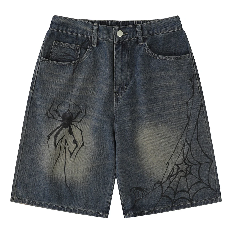 

Y2K Blue Denim Shorts Spider Cobweb Printed Summer Loose Casual Jeans Shorts Fashion Harajuku Hip Hop Streetwear Shorts for Men