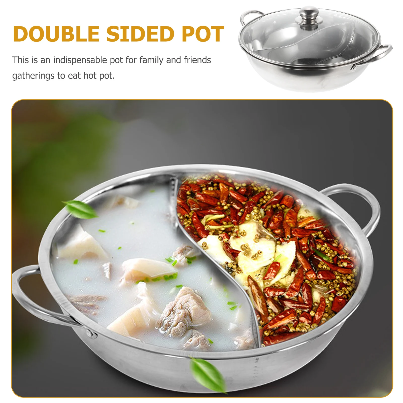 

1 комплект горячей кастрюли из нержавеющей стали с разделителем, кастрюля для супа с двойным вкусом для семейных сбора, кухонная утварь, сковорода