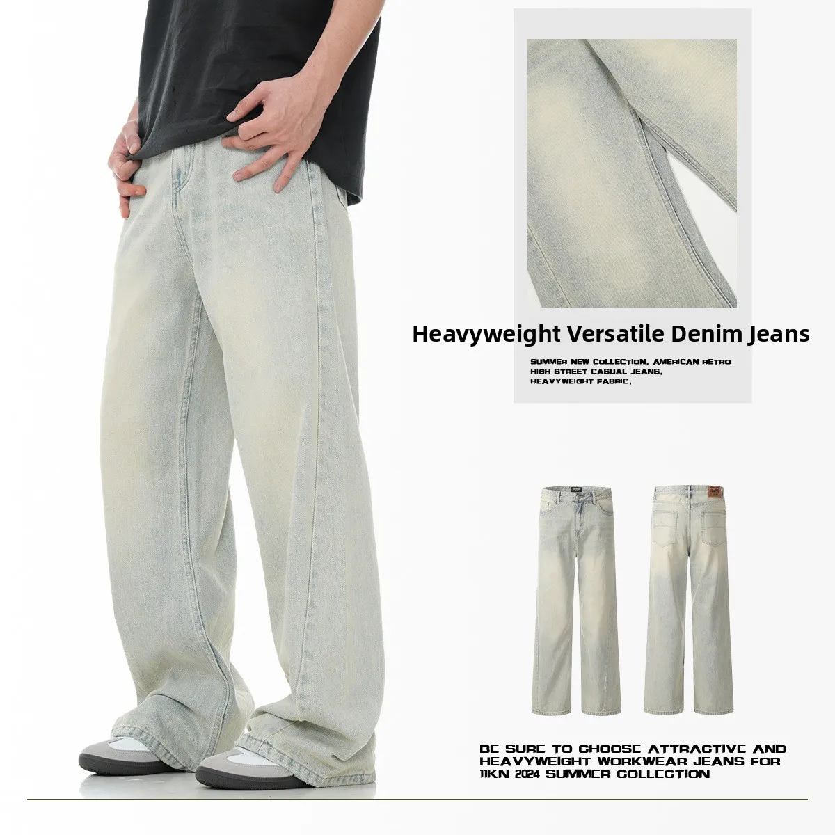 

Vintage Light Wa Denim Jeans Loose Casual Men's Women's Straight Leg Long Trousers Retro Blue Slimming Effect