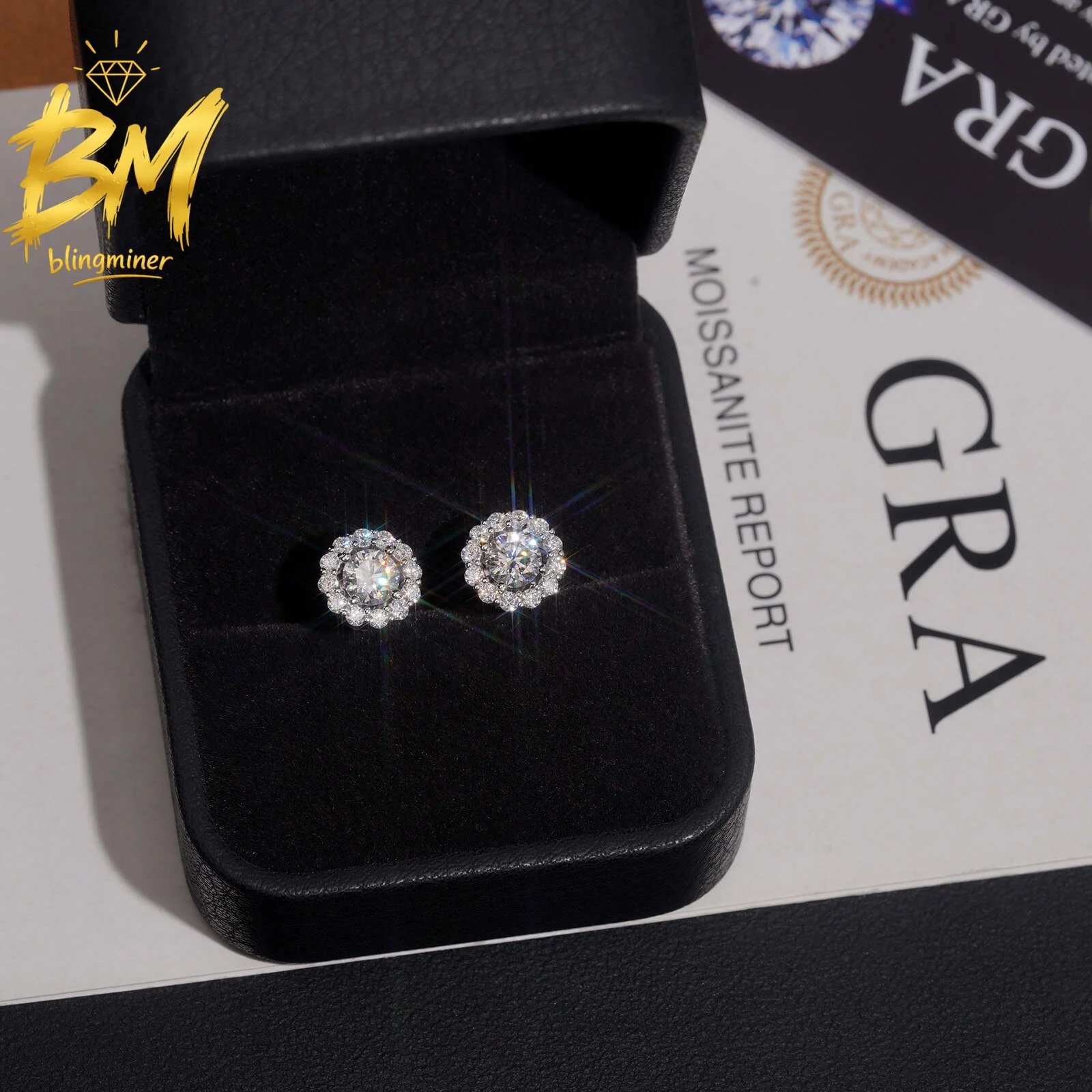 Blingminer Iced Out Round VVS Moissanite Earrings For Men Women S925 Silver Ear Studs Jewelry Pass Diamonds Tester Free Shipping