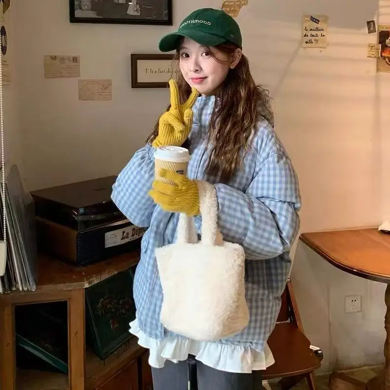 

Girl's Student Plaid Bread Parkas Down Cotton-Padded Jacket Thicken Women's Sweet Hooded Puffer Jacket Short Coat Autumn Winter