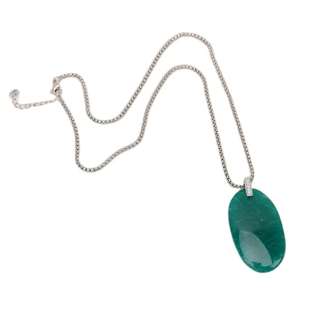 GG 18'' Natural Green Russia Soviet Amazonite Oval Shaped Stone Gems Pendant Silver Plated Chain Necklace For Women