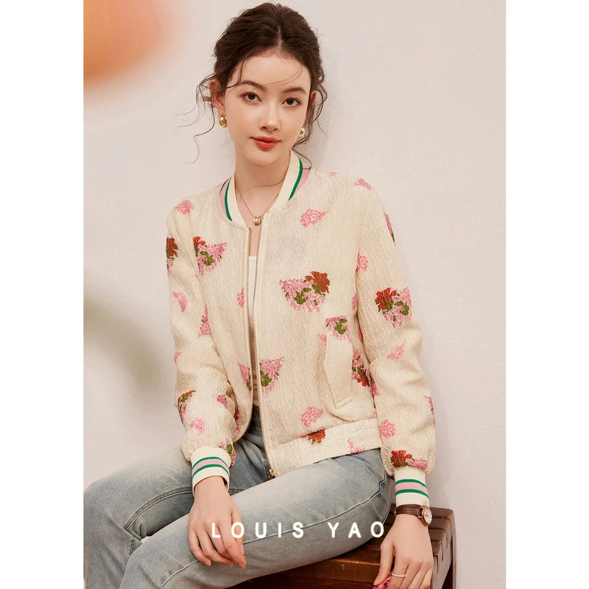 LOUIS YAO New Chinese Style Design Flower Jacquard Women's Jacket 2025 Spring/Autumn Top Casual Non-Stretch Women's Jacket