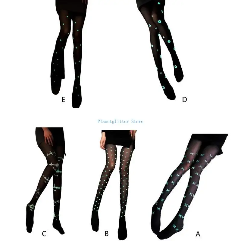 

652B Women Glow Silky Tights Butterfly Heart Lip Patterned Luminous Glowing Pantyhose Stockings for Halloween