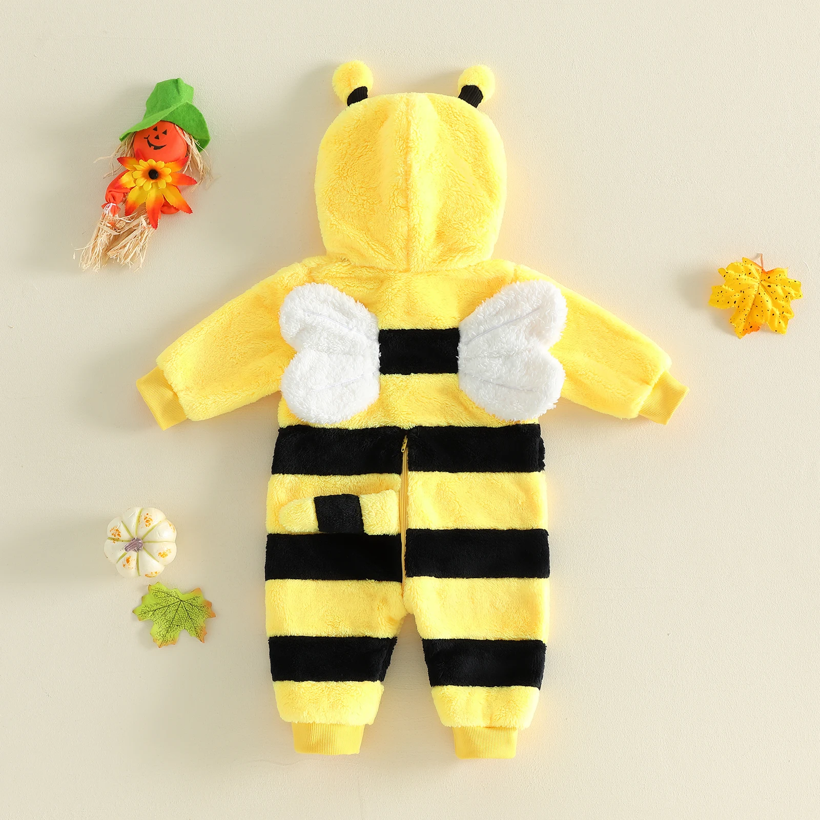 0-18Months Baby Animal Jumpsuit with Hood Soft Warm Flannel Long Sleeve Romper Cartoon Bee Costume for Infant Boys Girls