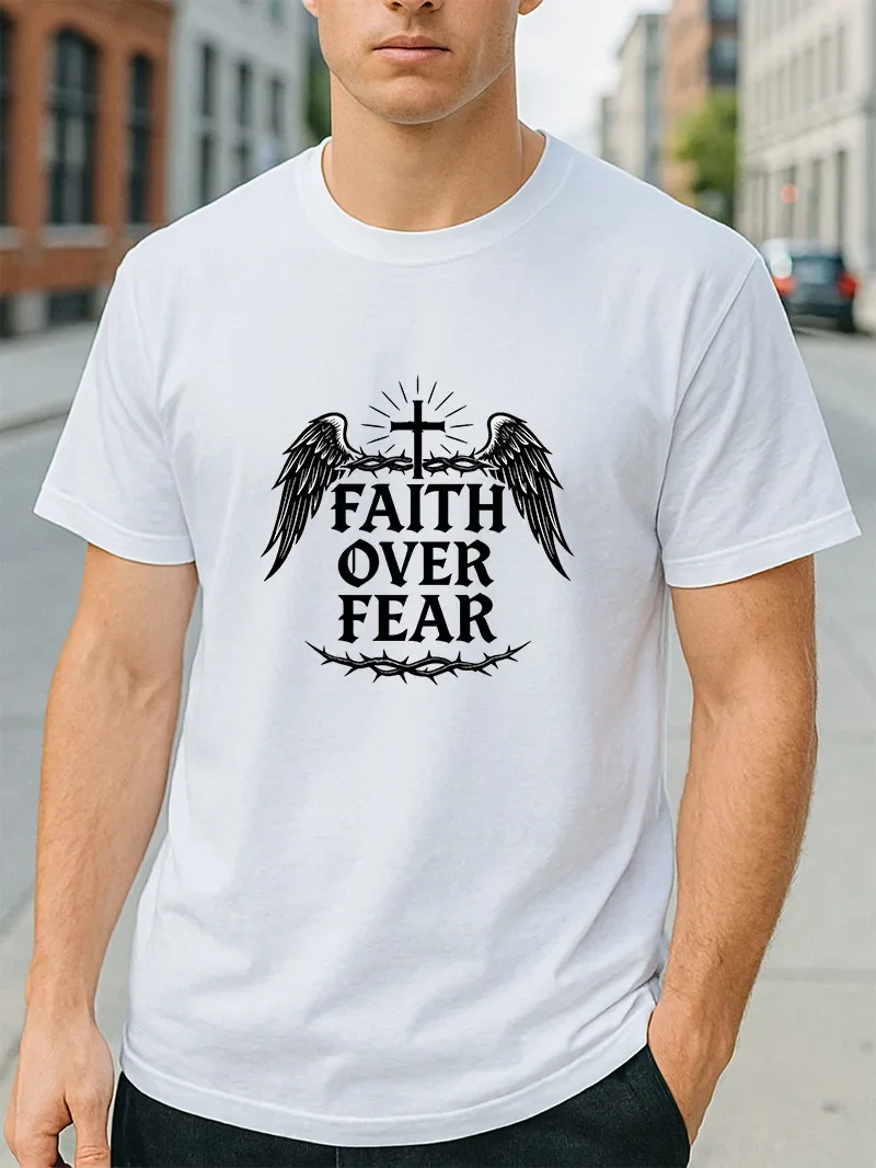 Faith Over Fear Christian T-Shirt Cross with Angel Wings & Crown Religious Tee