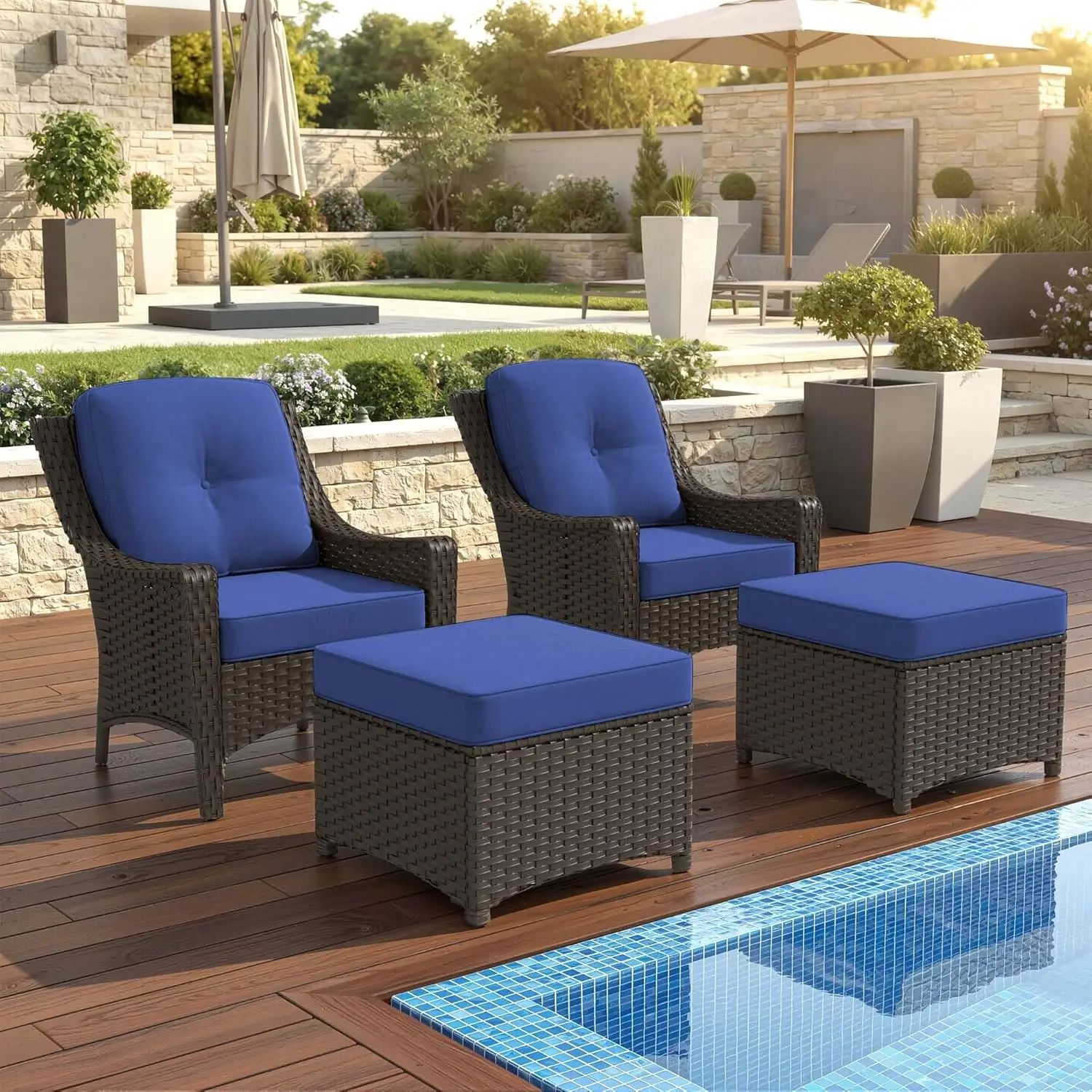 

4 Piece Patio Set High Back Rattan Chairs & Ottomans All Weather PE Wicker Waterproof Cushion Porch Backyard Deck, Customized