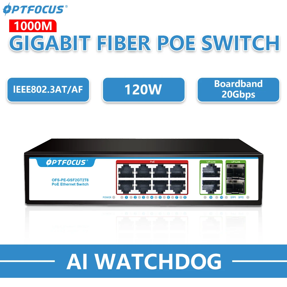 OPTFOCUS 120W 8 gigabit poe+2 RJ45+2 SFP Gigabit fiber Durable PoE+ SFP Fibra 8 portas Ativo Passivo Sfp Poe 48v Gigabit Switch
