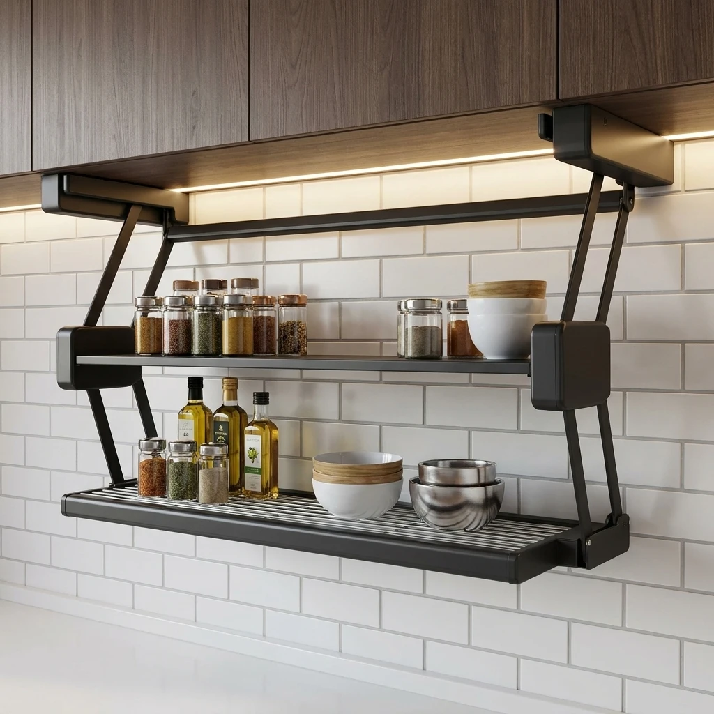Pull-Out Lift-Up Spice Rack for Kitchen Cabinets Retractable Organizer Minimalist Two-Tier Foldable Dish Bowl Storage Furniture
