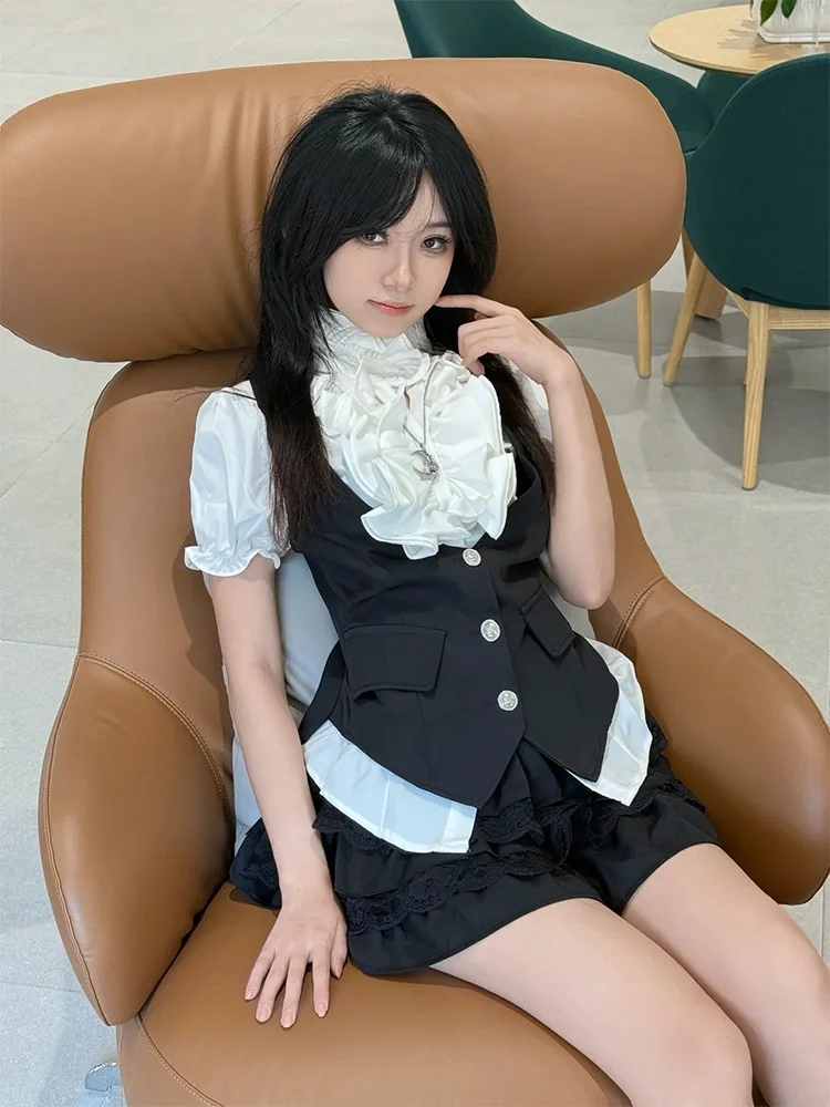Slimming Effect Japanese Retro College Style Women's Summer Outfit Black Vest Skirt Set Three Pieces Fashionable Student Uniform
