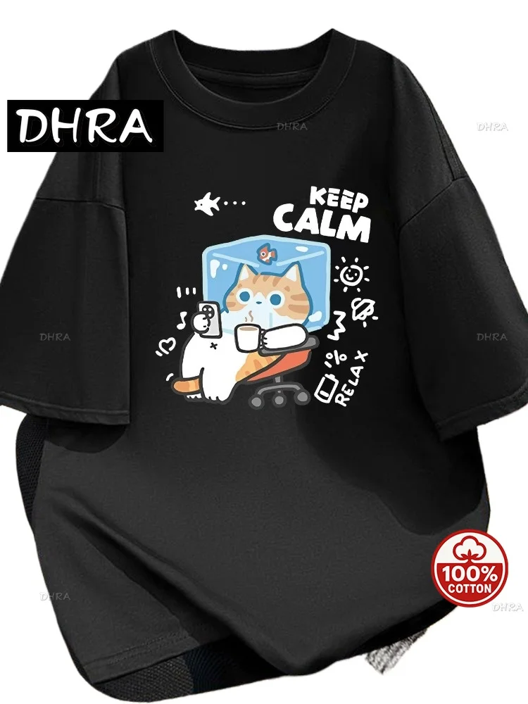 

Cartoon Cat Pattern Printed Design Women Pure Cotton Short Sleeved American Minimalist Style Top Loose T Shirt High Street