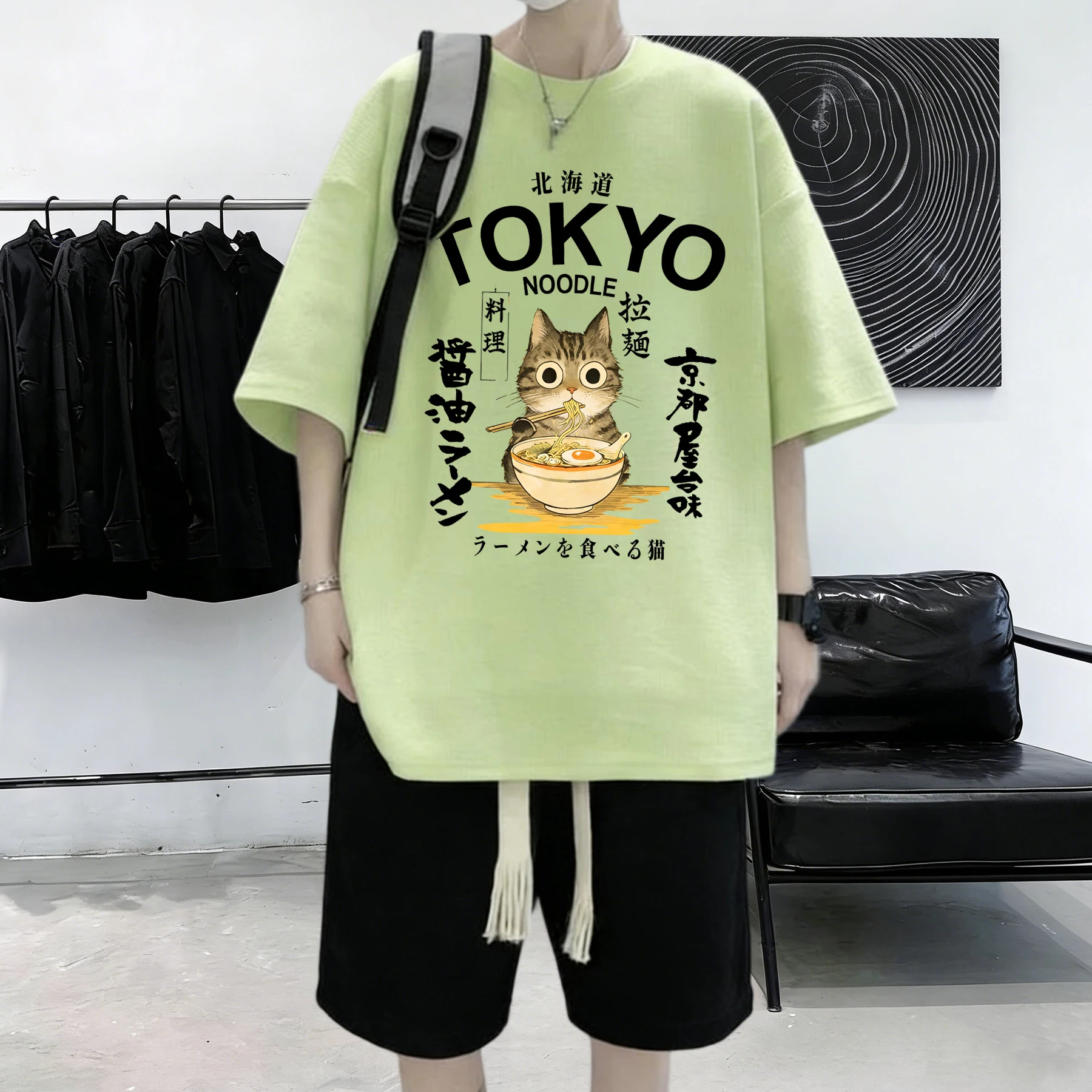 Noodles Cuisine In Tokyo Is Delicious Pattern Men Summer Cotton T-Shirt Korean Soft Streetwear Commute Breathable Short Sleeve