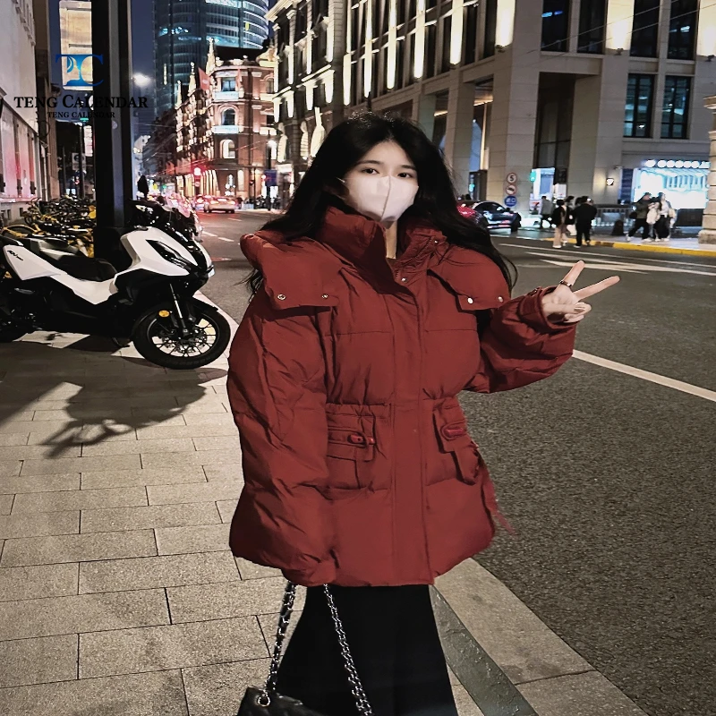 الشتاء النسخة الكورية سترة فضفاضة أسفل، النبيذ الأحمر الصغيرة للأطفال قصيرة مقنعين سميكة الدافئة الخصر التخسيس سترة،