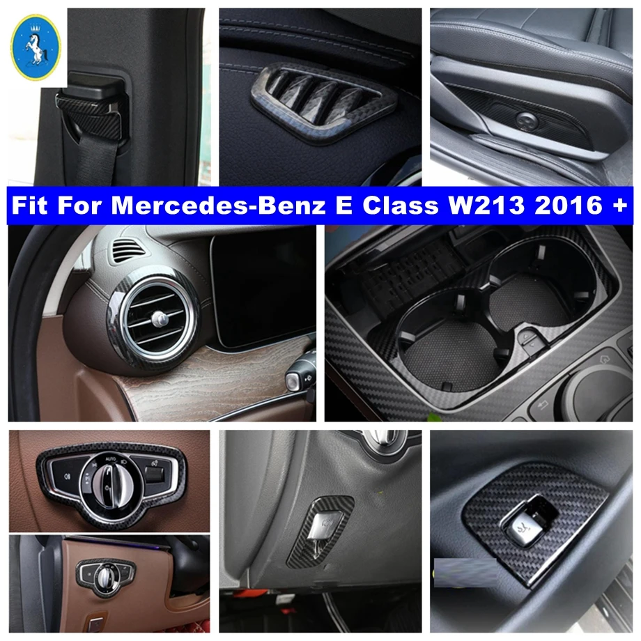 

Carbon Fiber Look Interior Refit Kit Head Lights / Air AC Panel Cup Holder Cover Trim For Mercedes-Benz E Class W213 2016 - 2020