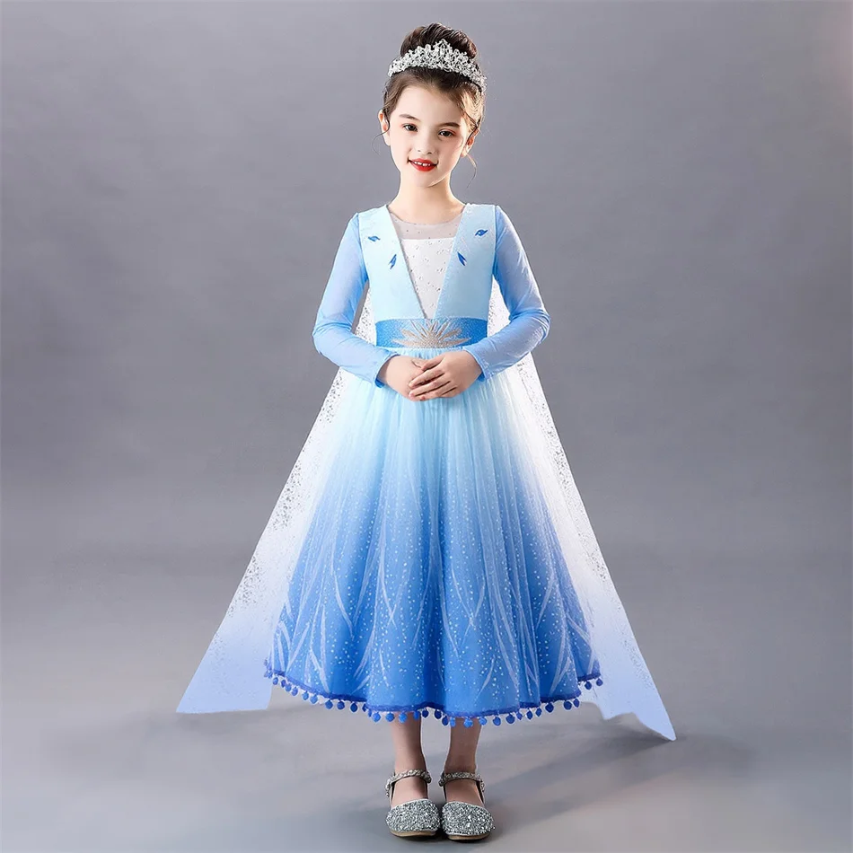 Elsa Snow Queen Long Sleeves Princess Dress Girls Stage Performance Clothes Kids Halloween Xmas Holiday Birthday Party Outfits