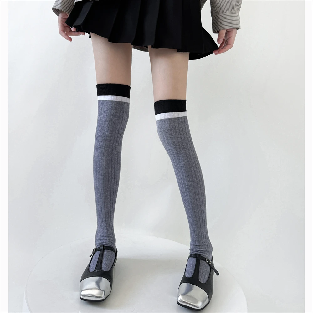 Women Spring Autumn Striped Calf Sock Trendy Half Cut Knee-length Socks Japanese College Style JK Thigh High Over Knee Stocking
