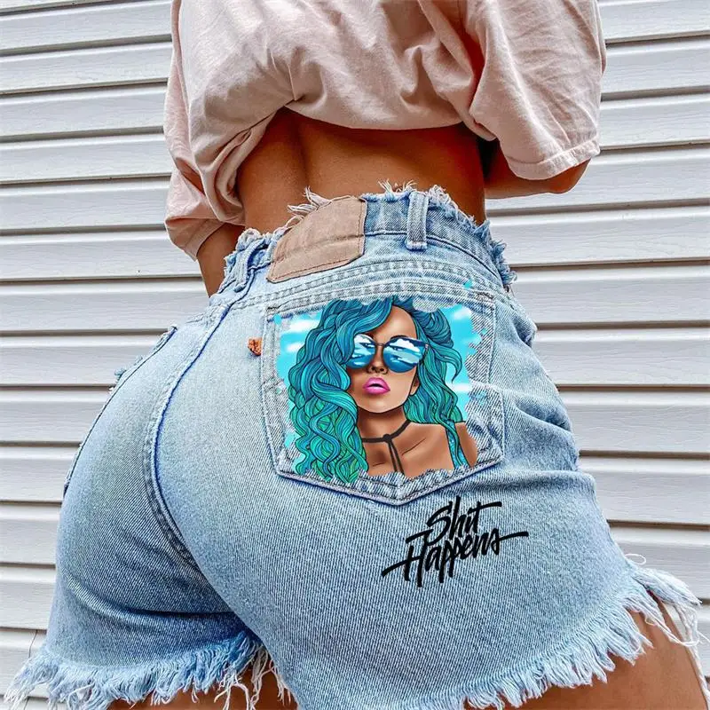 

Women's Denim Shorts 2024 Summer New Blue Hair Girls Europe And The United States Printed Fringe Casual Plus Size Shorts