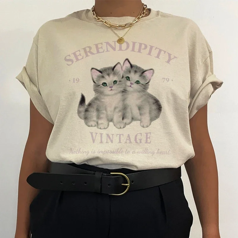 5204 Women Oversized Kittens T-Shirts Cute Cottagecore Cat T Shirt Vintage Fairycore Tops Y2k Aesthetic Graphic Tees Clothes