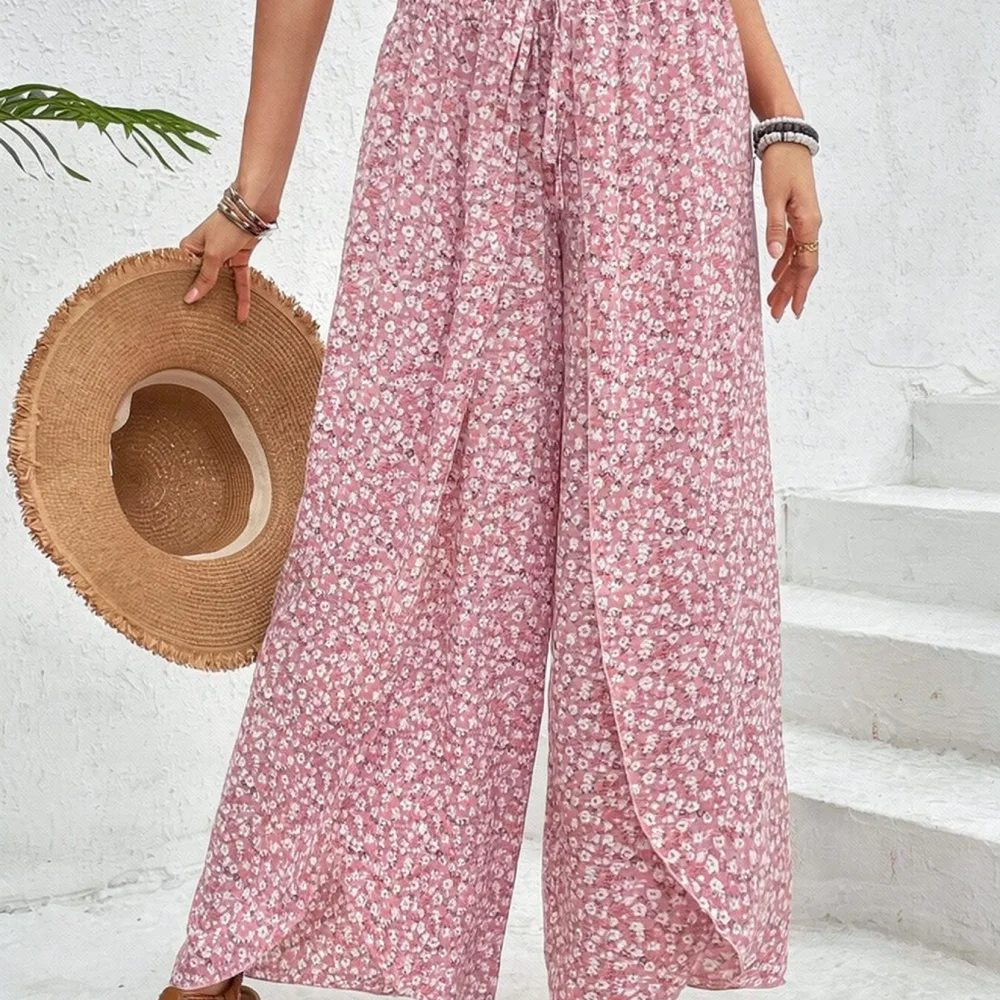 Fashionable Womens Floral Wide Leg Skirt Pants Loose Fit Side Slit Trousers Summer Casual Beach Bottoms Streetwear Chic Trendy