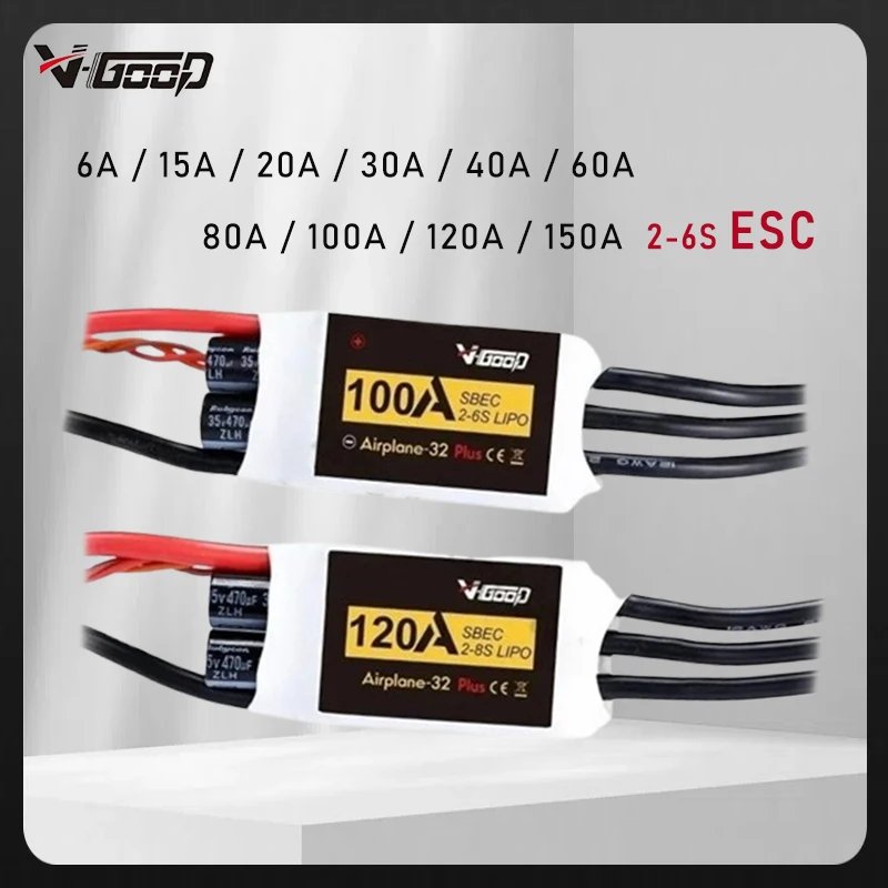 VGOOD Brushless ESC 6A/ 15A / 20A / 30A / 40A / 60A / 80A / 100A /120A/150A 2-6S 32-Bit W/ 1.5A SBEC for RC Airplane Accessories