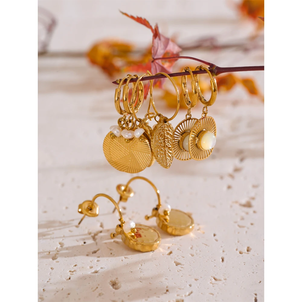 Yhpup New French Style 316L Stainless Steel Round Leaf Drop Hoop Earrings Gold PVD Plated Charm Waterproof Thicker Shell Jewelry