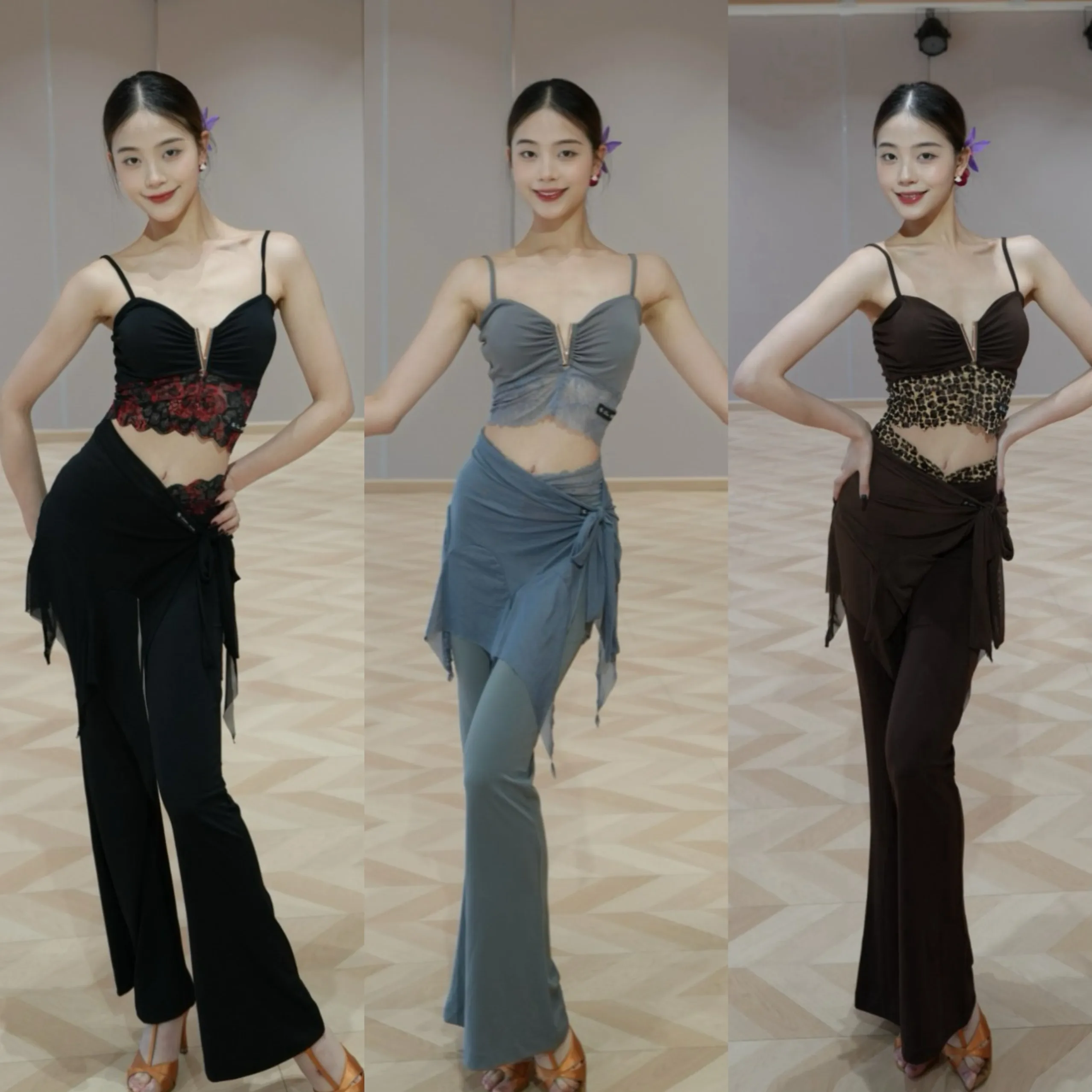 

Latin Dance Costumes Practice Clothes Lace Strap Vest High Waist Bell-bottoms Pants Training Suit For Women Latin Dress DN20817