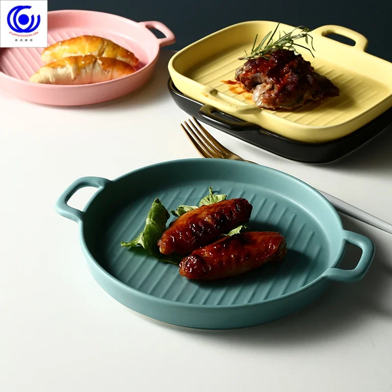 

Creative Binaural Striped Baking Pan Baking Pan Household Ceramic Plate Western Food Plate Dish Breakfast Plate