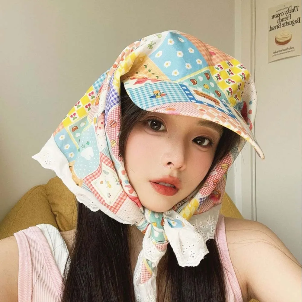 

Fashion Rural Style Headscarf Baseball Hat Lace Breathable Scarf Peaked Cap Soft Floral Triangle Headscarf Hat Women