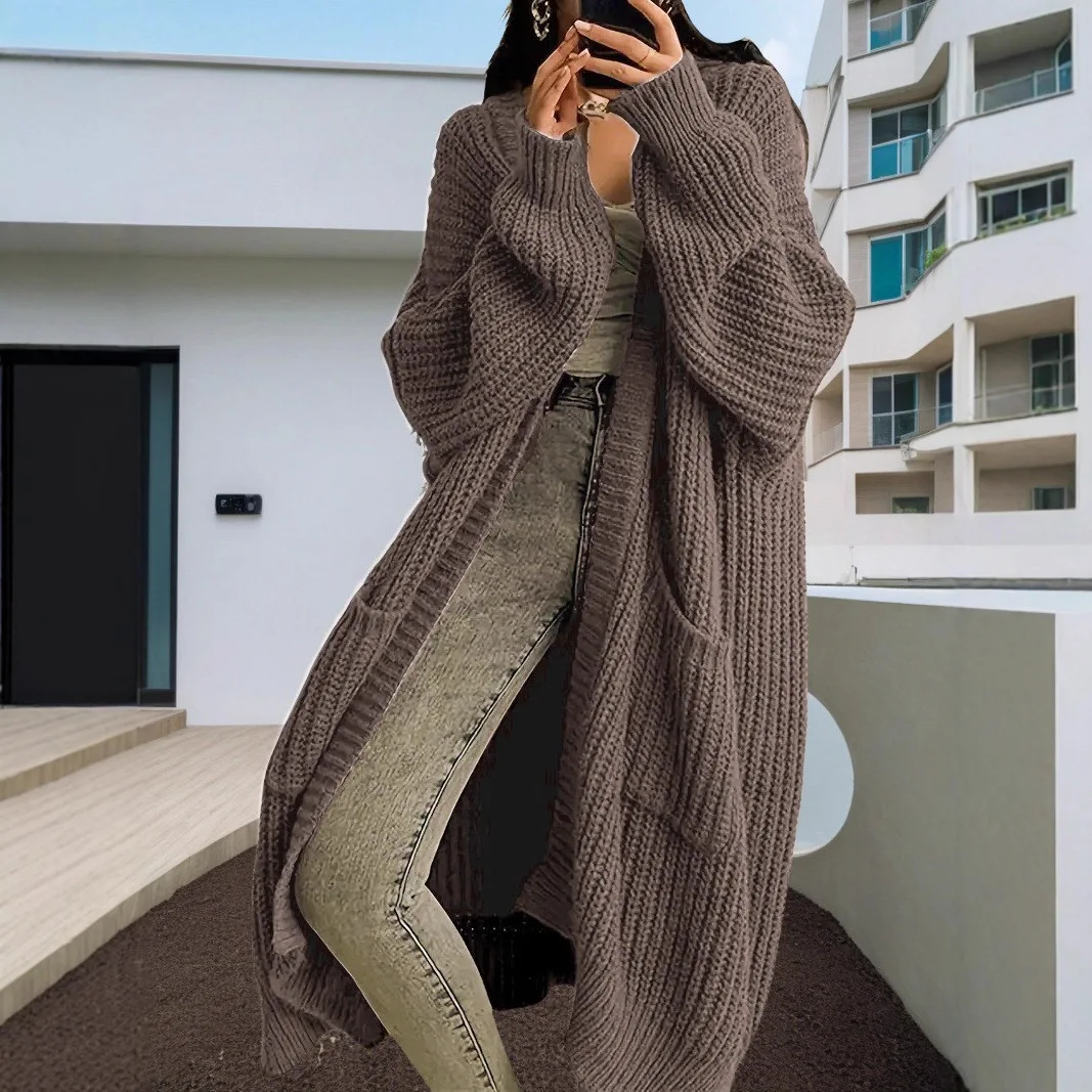

Sweater Jacket Women's 2025 Autumn Lazy Trend Medium Long Over Knee Loose Versatile Bottom Long Sleeve Knitted Cardigan