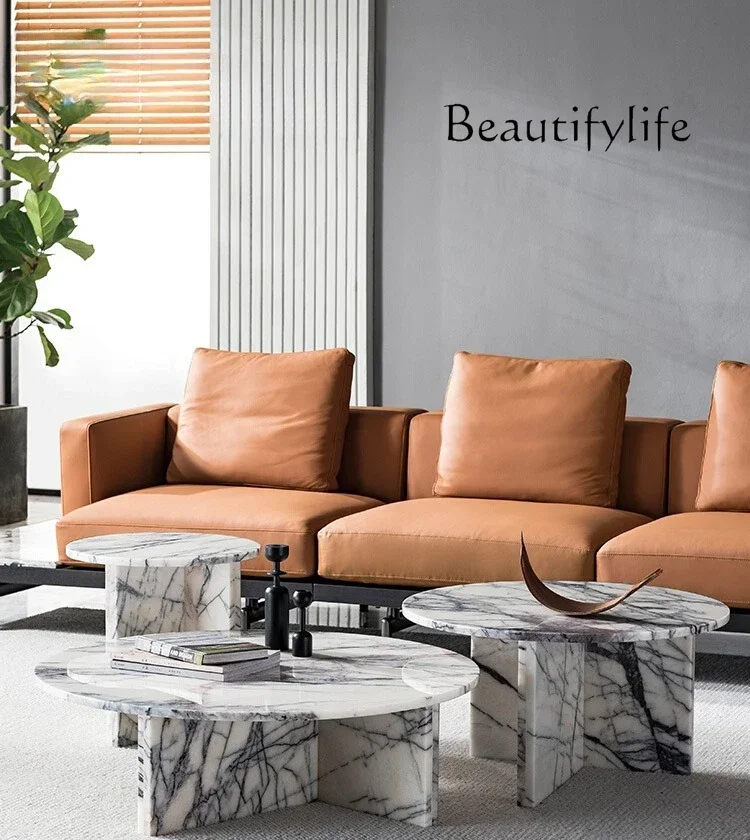 

66, итальянский минималистичный светлый роскошный круглый журнальный столик из натурального мрамора, приставной столик, современный высококачественный журнальный столик