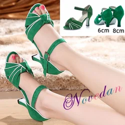 Nueva gran oferta de zapatos de baile latino para mujer, sandalias de gamuza con pajarita verde, zapatos de baile de salón de Salsa Tango para mujer, tacón alto de 6CM/8CM