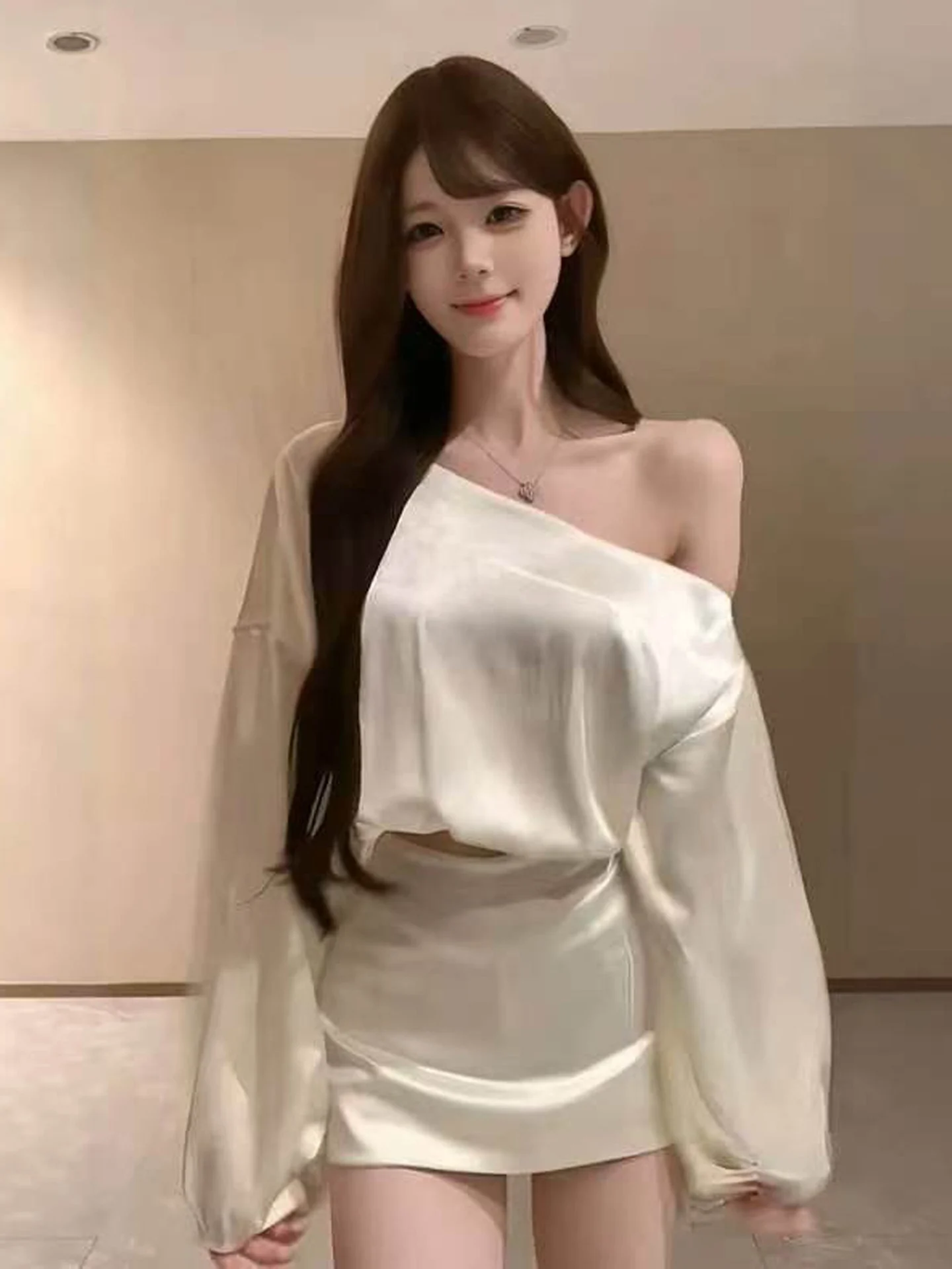 Fashionable Shoulder-baring Long Sleeve Shirt And Short Skirt Two-piece Set Women's High-waisted Bodycon Outfit Autumn 2026
