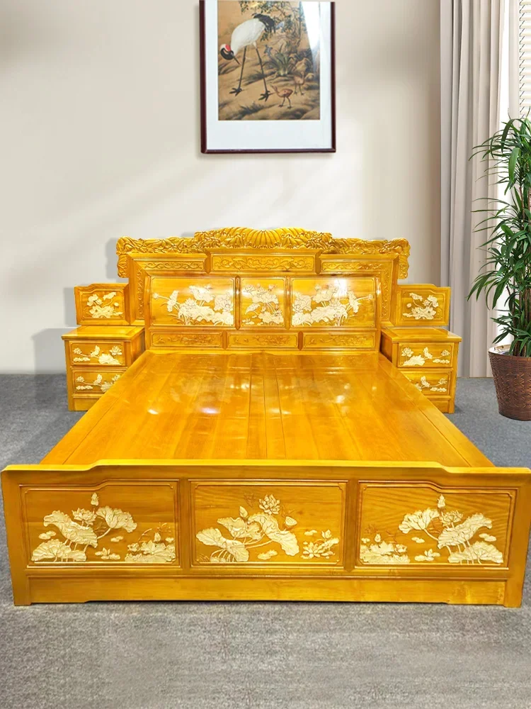 Goldenes Nanmu-Bett, chinesisches Doppelbett, Haupt schlafzimmer hochzeits bett, Ming und Qing klassisches Massivholz bett