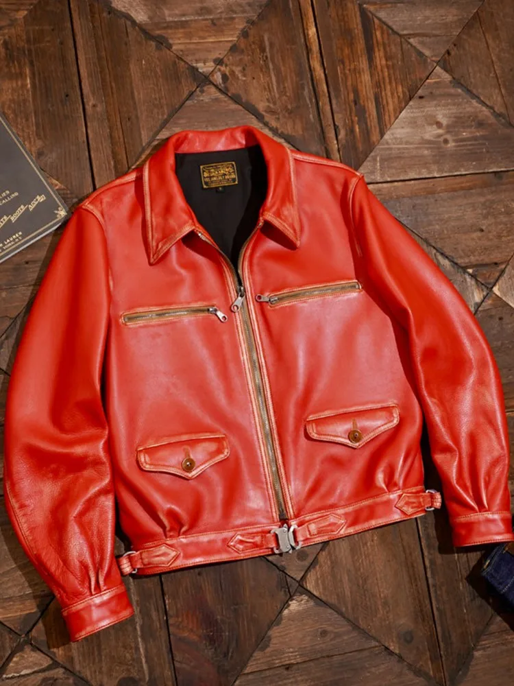 Mens Autumn Winter Cowhide Genuine Leather Jacket Multi Pockets Moto Biker Riding Windproof Coat Punk Style Stage Show Outerwear