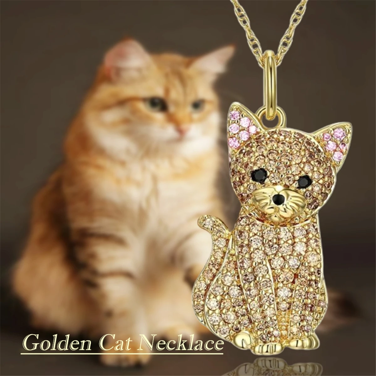 Exquisite Cute Yellow Pink Ear Cat Pendant Necklace for Women Elegant Pet Kitten Jewelry Animal Party Accessories Cat Lover Gift