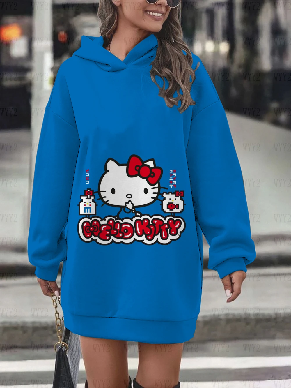 2024 Women\'s Street Style Casual Fashion Clothing Hello Kitty Print Women\'s Hooded Dress Sweater Warm Winter Clothing