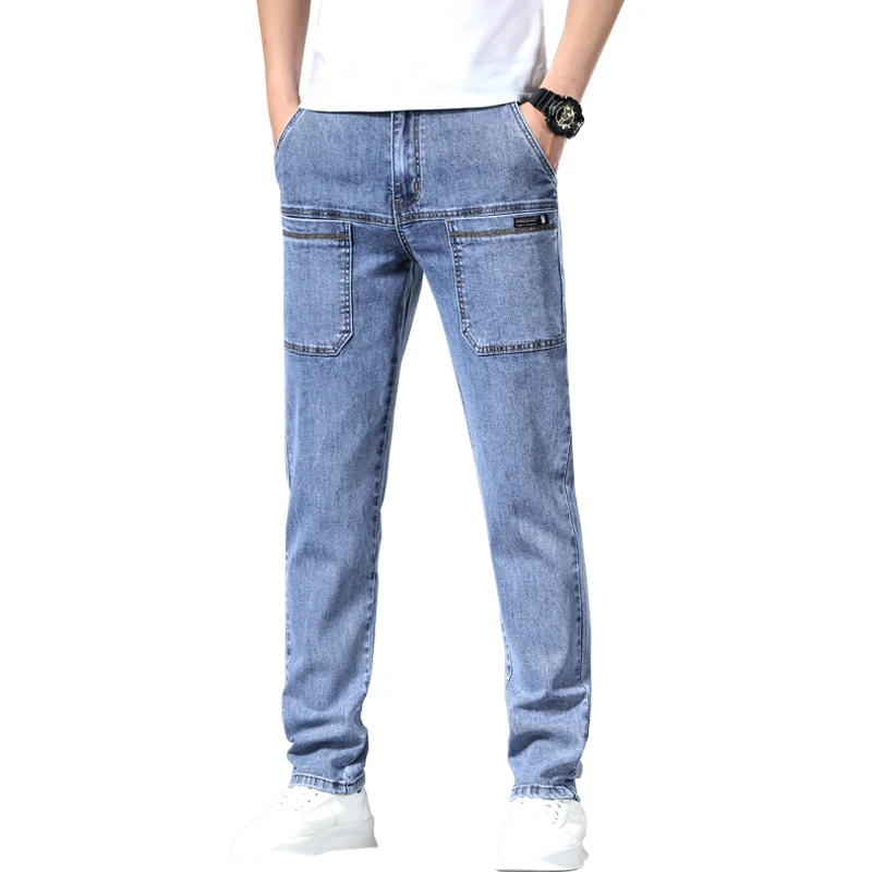 2024 جديد 6 جيوب تصميم الرجال الجينز نحيل كامل طول السراويل مع مرونة عالية بنطال ملاصق للجسم رجل موضة منتصف الخصر الجينز #6
