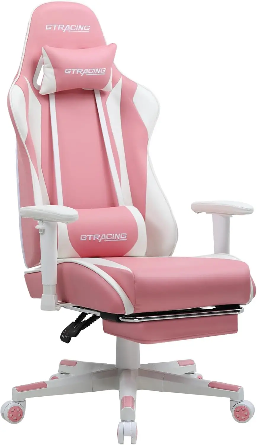 Footrest, Ergonomic Computer Game Desk, Reclining Gamer Chair Seat Height Adjustment Swivel Rocker with Headrest and Lumbar,Pink