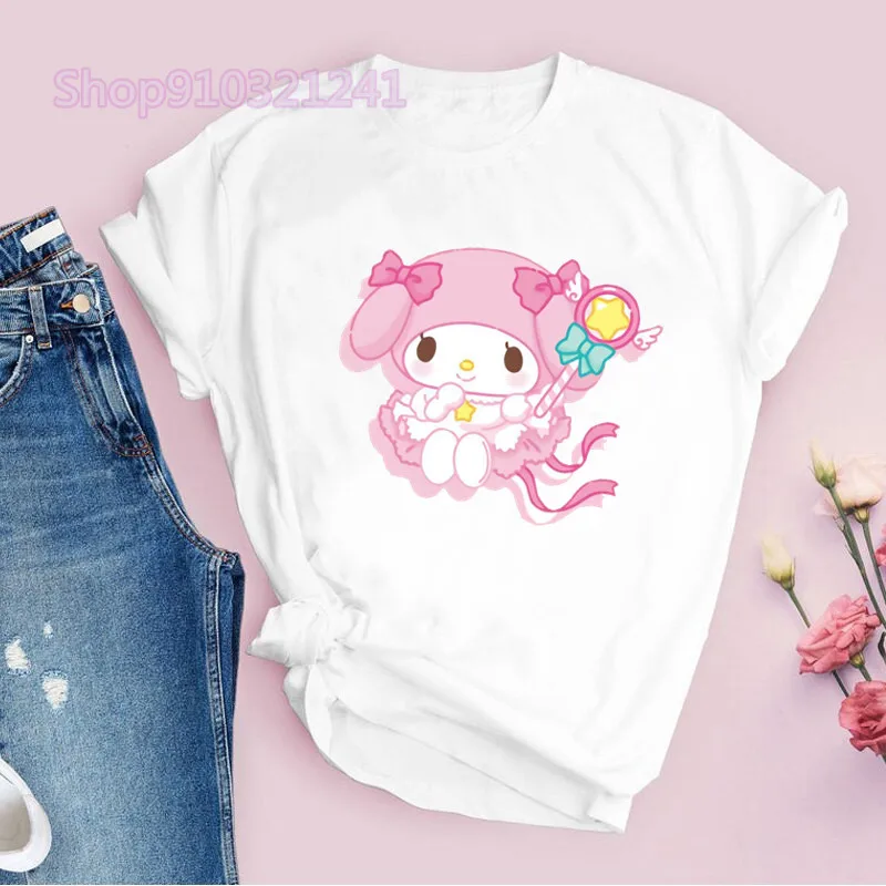 Camiseta My Melody para mujer, Camiseta estampada de dibujos animados, camiseta gráfica de Manga corta, ropa Kawaii de Manga