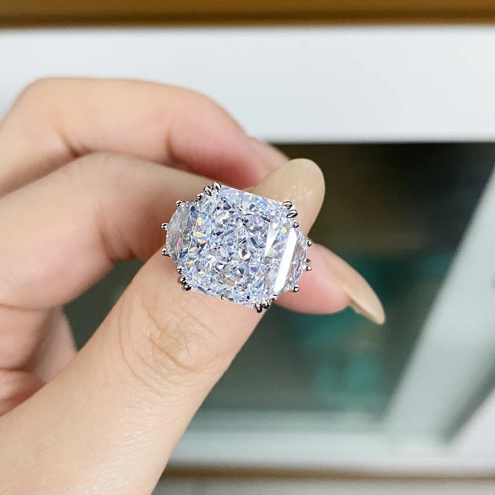 

925 Sterling Silver Ice Flower Ring for Women, 10X12 Large Carat Full Diamond Ring, Simple and Fashionable Color Treasure