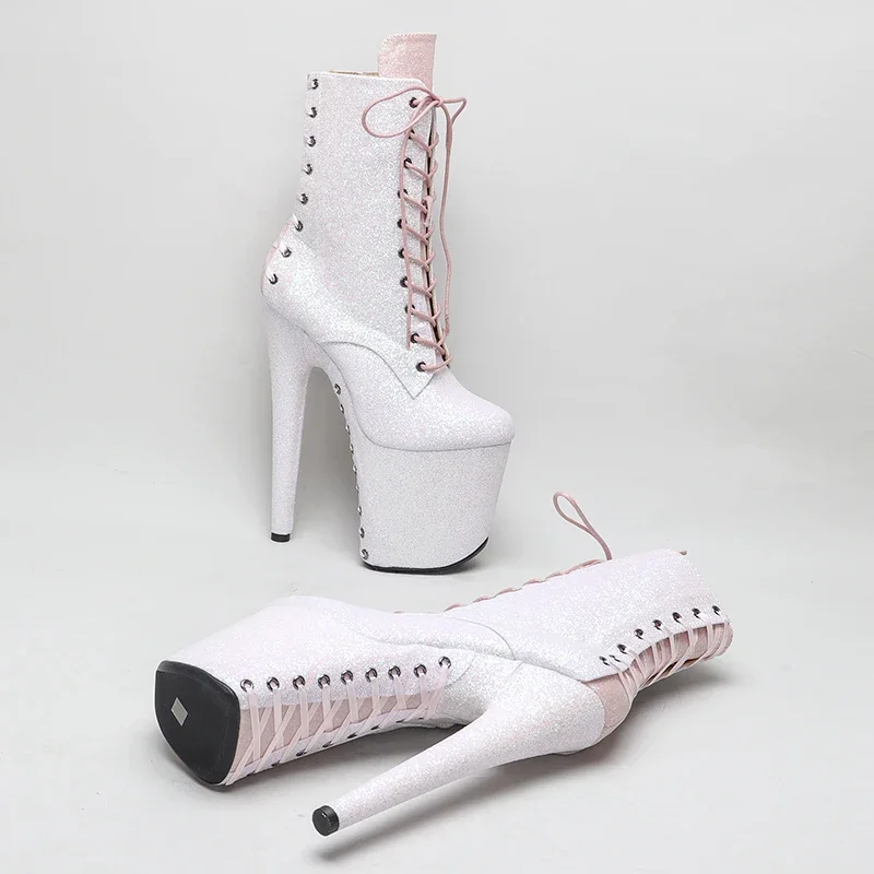 Leecabe  20CM/8inches Glitter Upper white color with pink color Fashion trend   platform stripper heel Pole Dance boot