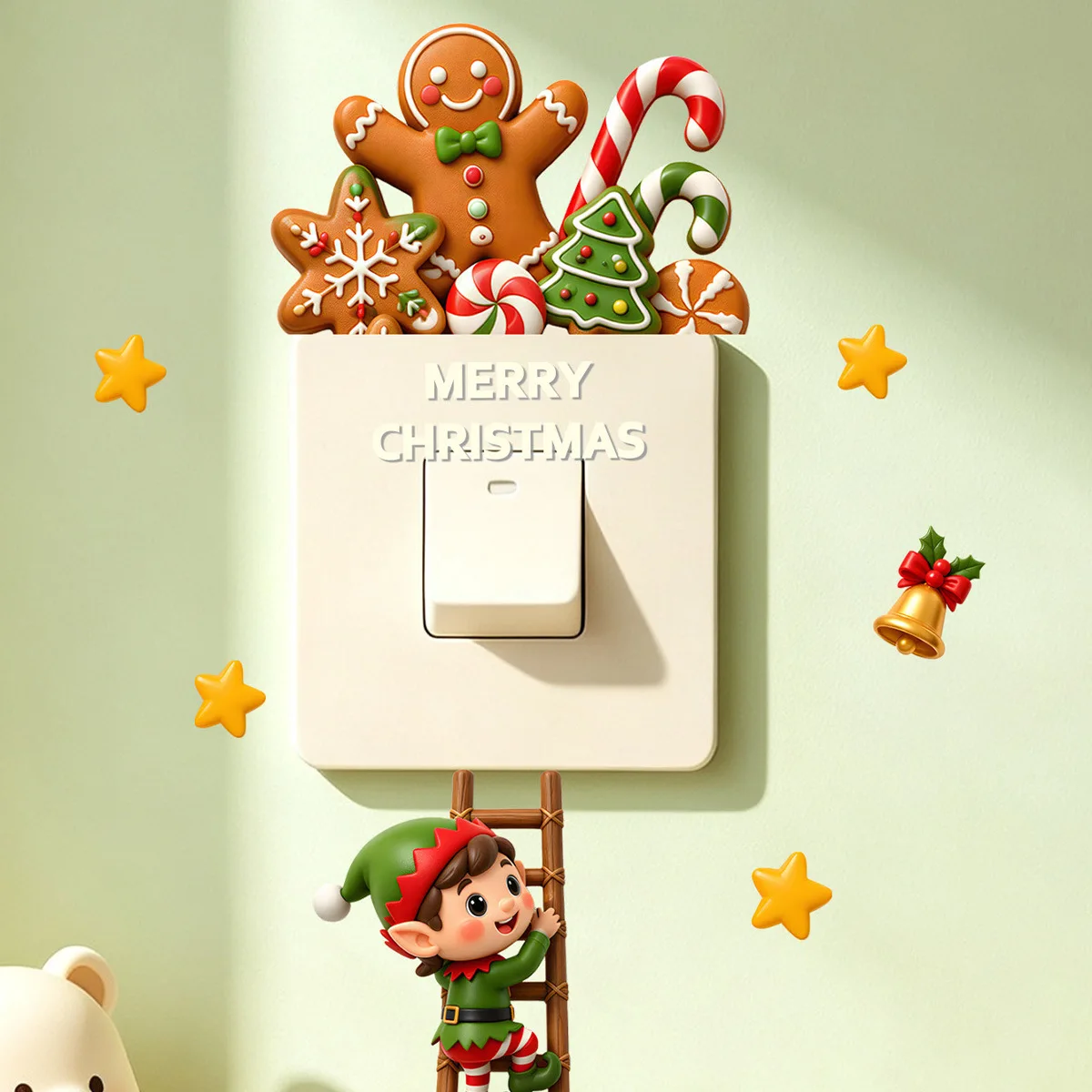 Christmas Switch Wall Sticker, Gingerbread Man Elf Candy Cane Wall Decal, Merry Christmas Home Socket Decor Holiday Decorations