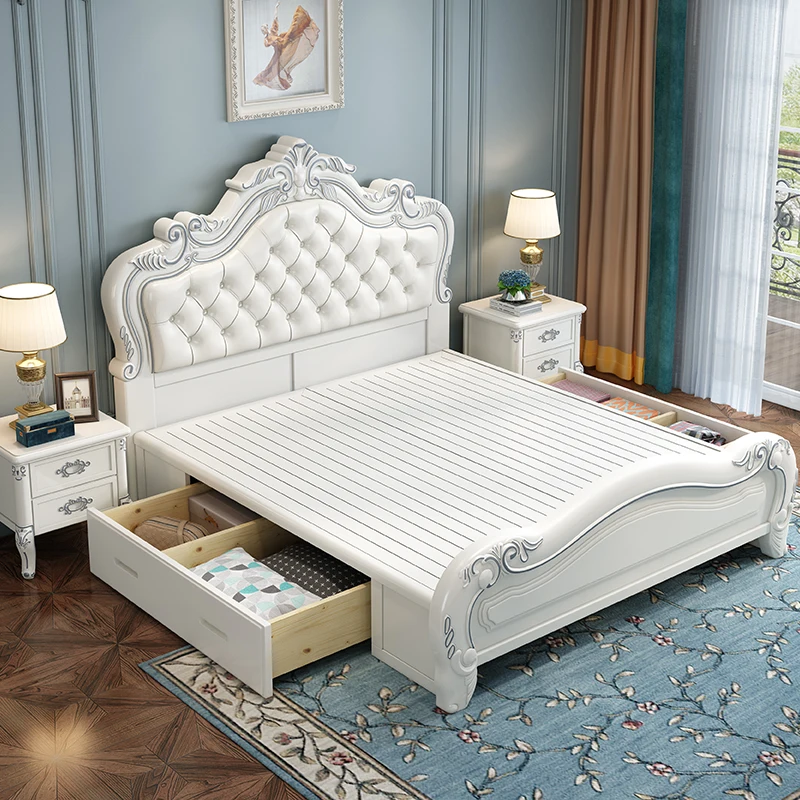 Wood Royal Queen Double Bed King High End Headboard Frame Double Bed Girl Boys Sleeping Letti Matrimoniali Bedroom Furniture