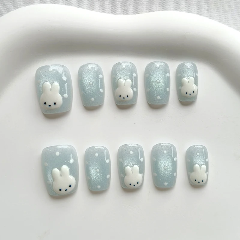 10 uñas postizas coreanas, estilo rosa y azul, lunares lindos, conejito y ojo de gato, frescas y sencillas 4