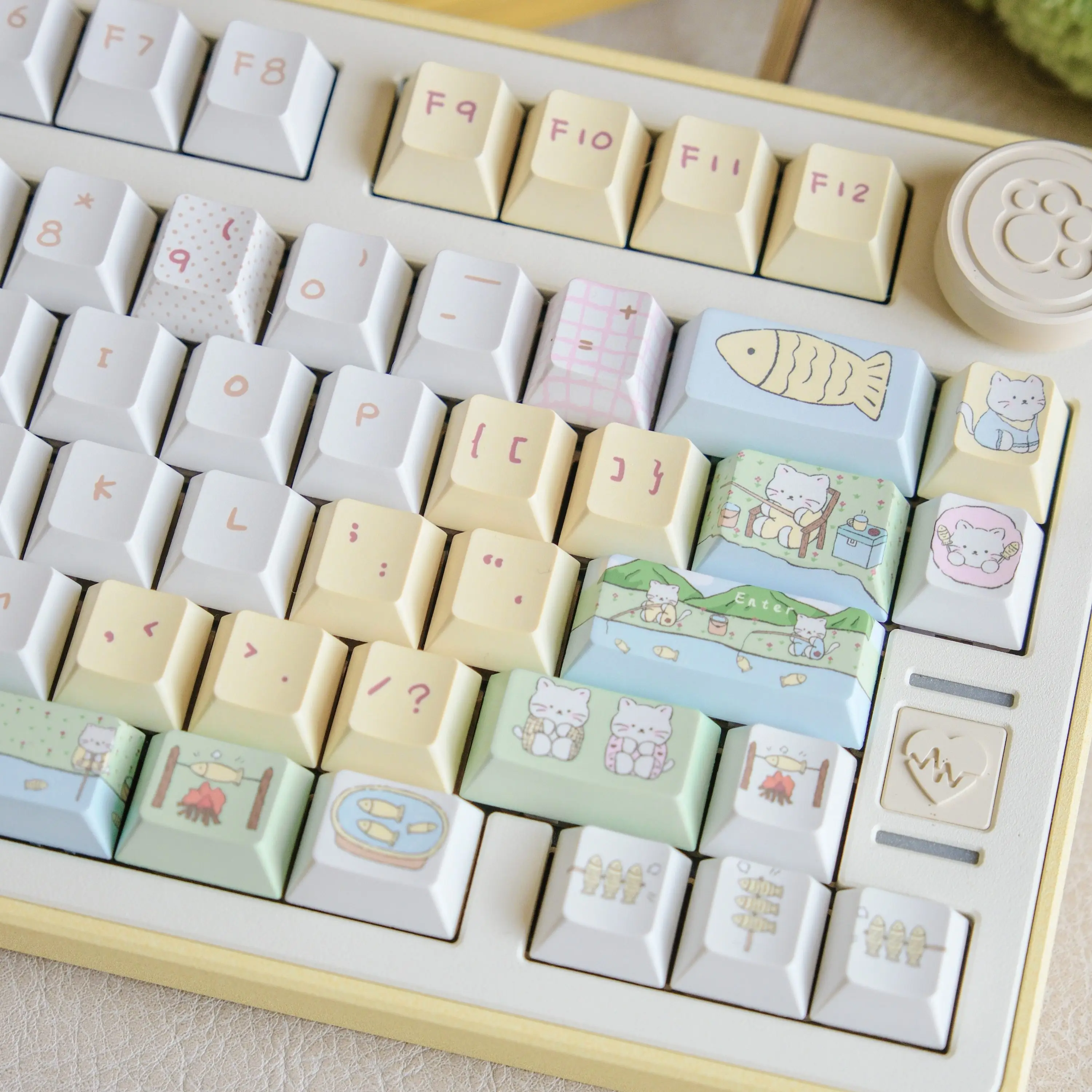 MAIMOOO Cat Fishing Keycap Cherry Profile PBT Dye Sub Custom Cartoon Cute Hand-painted Kitten Keycaps for Mechanical Keyboard