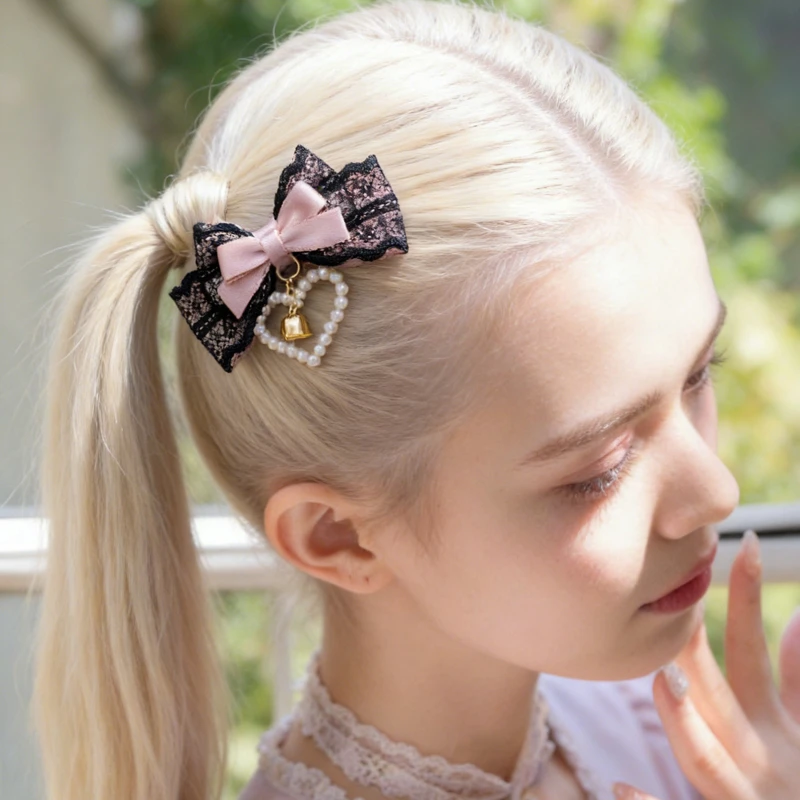 

Harajuku Sweet Hair Clips Handmade Gothic Lolita Bows with Lace, Pearl & Heart Side Set for Women