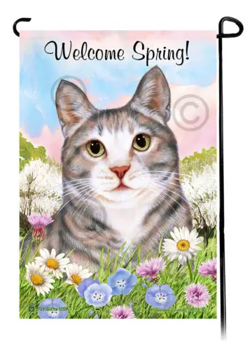 Tortoiseshell Blue Cream Tuxedo Cat Welcome Spring Flowers Garden Flag